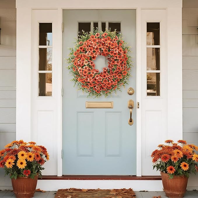 26" Fall Wreath for Front Door, Porch, Window - Large Artificial Boxwood Leaves with Fake Daisy Flowers Outdoor Wreath Faux Eucalyptus for Home Farmhouse Harvest Festival Thanksgiving Day Autumn Decor