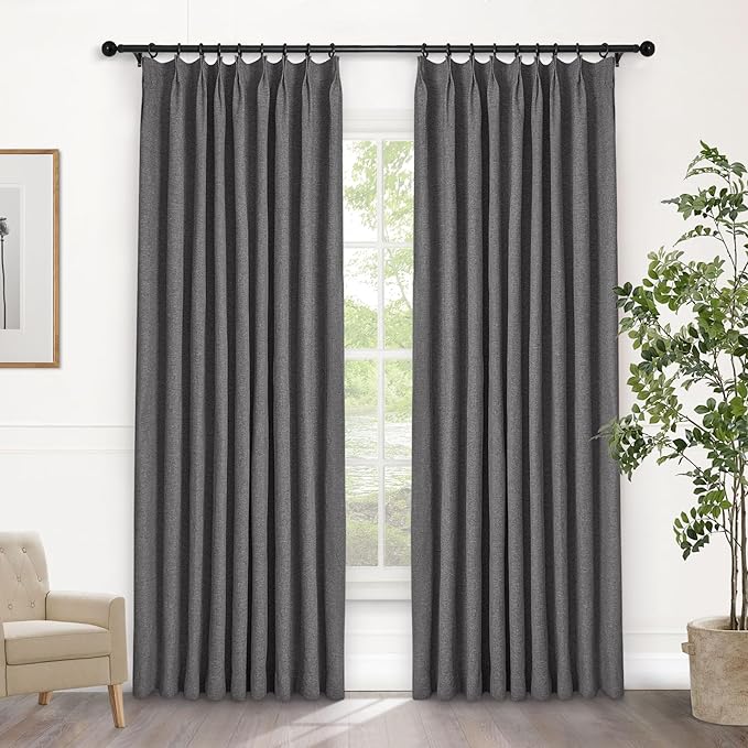 Macochico Pinch Pleated 100% Blackout Curtains Natural Grey Linen Curtains for Bedroom Living Room Farmhouse Thermal Insulated Window Panels Pleated Curtains with Hooks and Tieback 52”Wx72”L 1 Panel