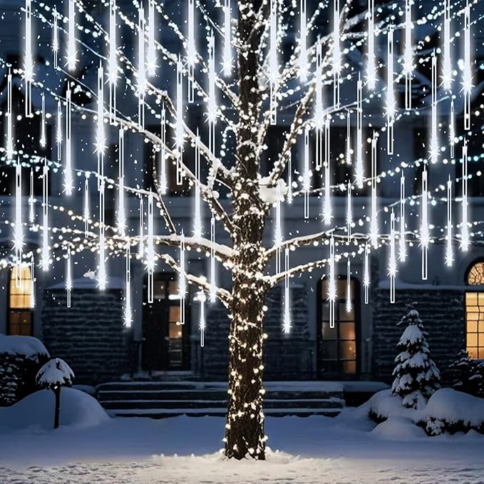 Meteor Shower Lights Christmas Lights Outdoor 24-Tube 576LEDs Snow Falling Rain Cascading Icicle Lights for Xmas Tree Christmas Decorations Wedding Party Holiday Garden Decor, UL Plug White