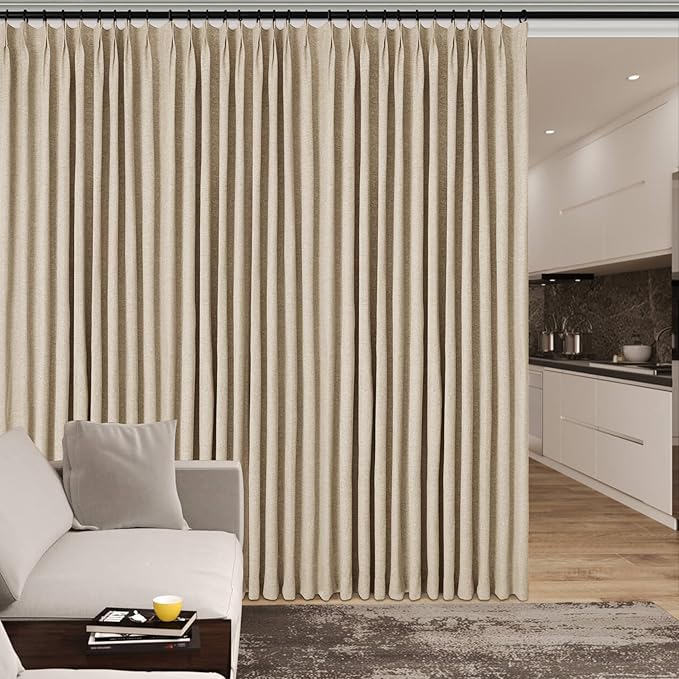 Sand Beige Pinch Pleat 100% Blackout Drapes Linen Blend, Room Divider, Room Darkening, Energy Saving, Furniture Protecting, Light Blocking Extra Wide Privacy Curtains, 200Wx108L, 1 PC