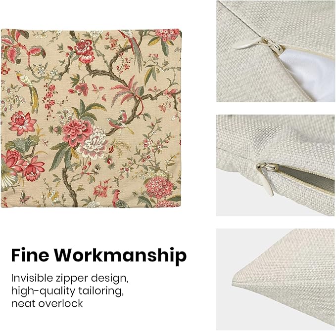 CXMEIFLY Spring Floral Birds Pillow Covers 18 x 18 Inch Set of 2 for Chinoiserie Flowers Decor Throw Pillows Pink Red Plant Outdoor Decorative Cushion Cases for Couch Bed Decorations