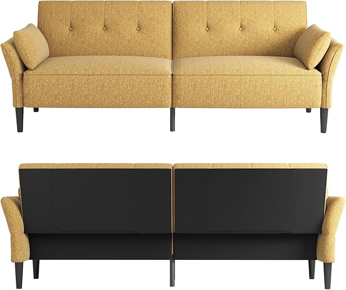 89” Futon Sofa Bed, Linen Comfy Futon Couch Bed with 2 Square Pillows, Convertible Sleeper Sofa with Adjustable Backrest& Armrests, Modern Loveseat Sleeper for Living Room, Bedroom, Yellow