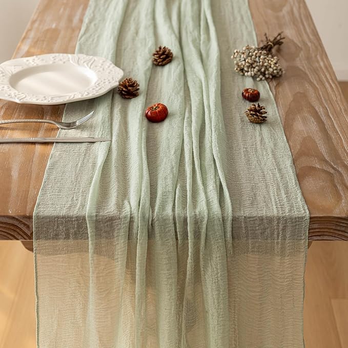 3pcs Cheesecloth Table Runner Sage Green Gauze 120 Inch 10 FT Rustic Boho Cheese Cloth Runner for Wedding Baby Shower Bridal Shower Party Long Sheer Centerpiece Home Decoration