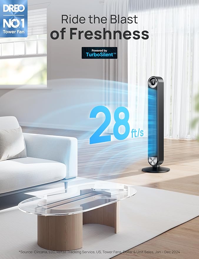 Dreo Tower Fan for Bedroom, 90° Oscillating Standing Floor Fan with 28ft/s Velocity, 25dB Quiet for Sleep, DC Motor, 9 Speeds, 4 Modes, 12H Timer, Voice & APP & Remote Control, 42" Cruiser Pro T2 S