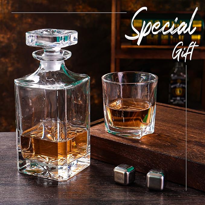 Glass Decanter with Airtight Geometric Stopper - Whiskey Decanter for Wine, Bourbon, Brandy, Liquor, Juice, Water, Mouthwash. Italian Lead-Free Glass (25.97 oz/768ml)