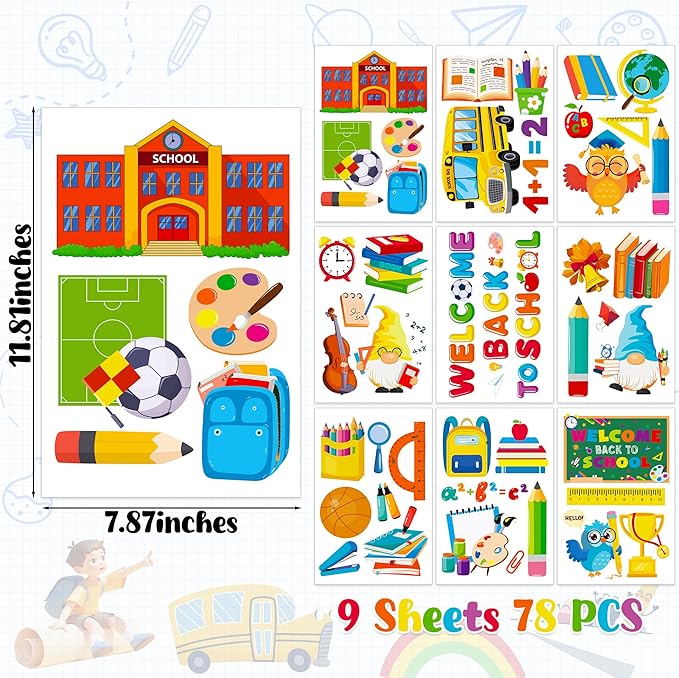 9 Sheets Back to School Window Clings, Double-Sided Window Clings for Classroom, Bus Apple Pencil First Day of School Book Window Stickers for First Day of School Decorations Supplies Decor