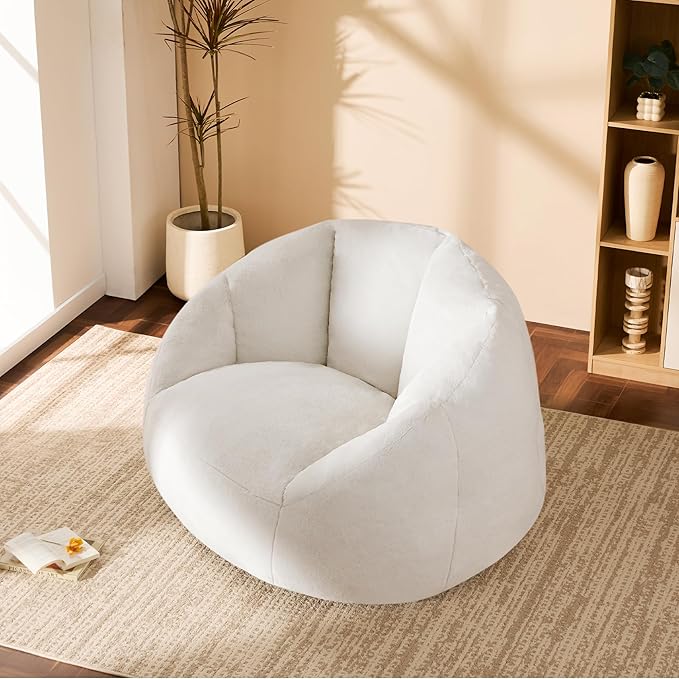 Giant Bean Bag Swivel Chair for Adults - Comfy Plush Round Shell Soft Accent Chair, Oversized Cozy Floor Sofa for Living Room, Bedroom & Game Rooms, Beige