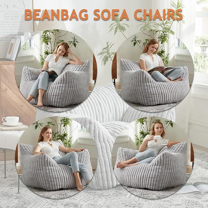 Giant Bean Bag Chairs for Adults with Filling Plush Fluffy Bean Bag Chairs for Teens with Armrests Comfy BeanBag Lazy Couch Sofa Chair for Bedroom Living Room Reading