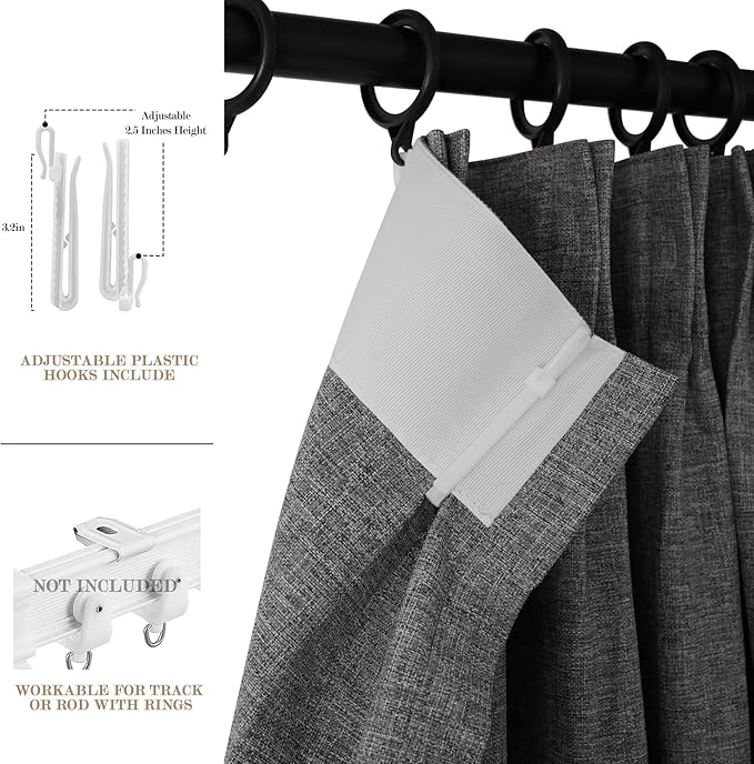 Extra Wide 100% Blackout Linen Textured Curtains - Room Dividers, W150 x L108 (1 Panel), Pinch Pleat Drapes for Living Room, Full Light Block Out Drapery for Sliding Door, Natural Grey