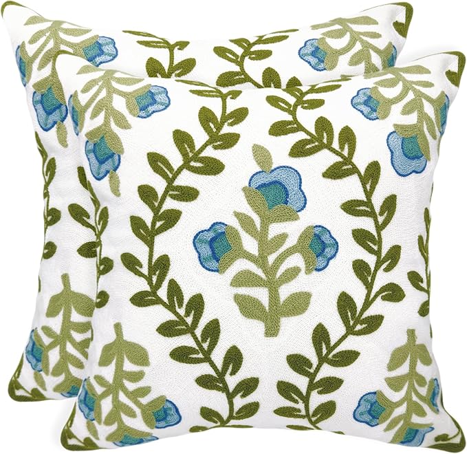 Alysheer Floral Embroidered Summer Decorative Throw Pillow Covers 20"x 20" Set of 2, Farmhouse Cottage Blue Flowers Green Leaves Knit Pattern Cotton Canvas Cushion Case for Couch Bed Living Room