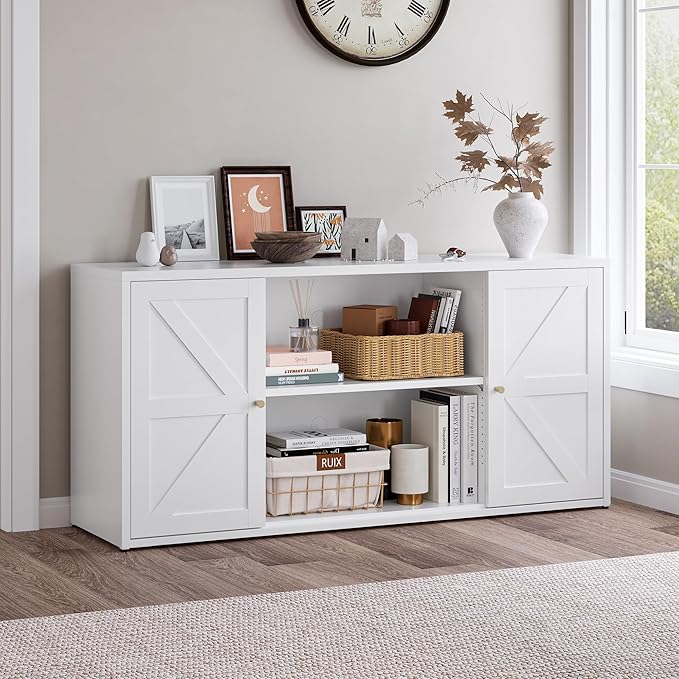 Farmhouse - Style 65 - inch Metal TV Stand: Entertainment Center with Locker, Barn - Style Doors, Adjustable Partition. Medieval Modern Media Console Table for Living Room & Bedroom (White)