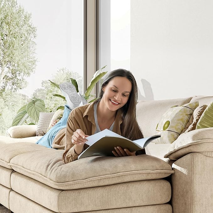 LINSY HOME Modular Sectional Sofa - 157'' Sleeper Sofa Cloud Couch Oversized Corduroy Sofa Bed with Movable Ottoman Soft Modern Comfy Couch for Living Room Apartment Office, Beige
