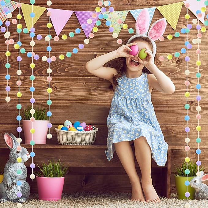 3pk Pastel Pom Pom Garland Easter Decorations Spring Home Decor Indoor Living Room Wall Classroom Xmas Tree, Cute Hanging Rainbow Colorful Felt Ball Garland Baby Shower Wedding Birthday Party Supplies