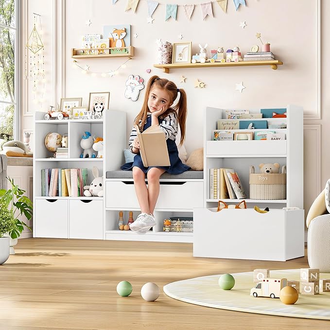 FOTOSOK 72” Kids Bookshelf with Reading Nook, Large Toy Storage Organizer with Seat Cushion and 3 Movable Drawers, Kids Reading Nook Toy Organizers and Storage with Bench for Living Room, White