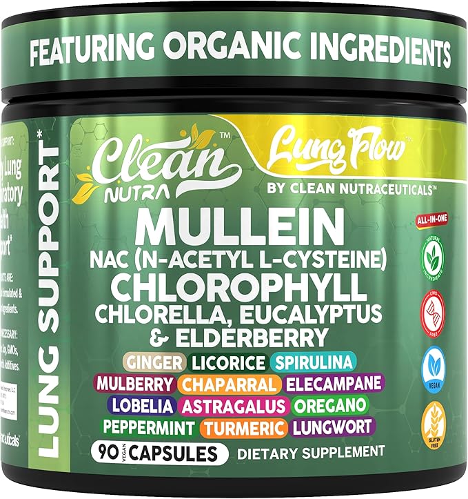 Clean Nutra Mullein NAC Supplement Spirulina Chlorella Ginger Licorice Mulberry Astragalus Root Oregano Turmeric with Chlorophyll Berries Detox Cleanse Respiratory Lung Health 90 Capsules