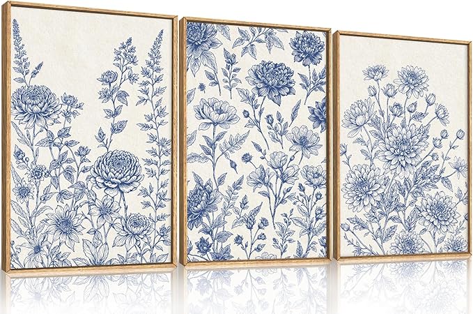 Classic Chinoiserie Floral Framed Canvas Wall Art Set, Blue and White Flower Wall Decor, Navy Watercolor Wall Painting, Minimalist Wildflower Art Print for Living Room, Bedroom - 16"x24"×3