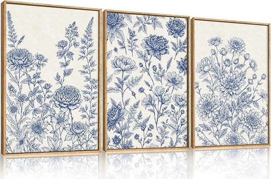 Classic Chinoiserie Floral Framed Canvas Wall Art Set, Blue and White Flower Wall Decor, Navy Watercolor Wall Painting, Minimalist Wildflower Art Print for Living Room, Bedroom - 16"x24"×3