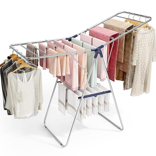 APEXCHASER Clothes Drying Rack, Drying Rack Clothing with Height-Adjustable, Foldable Gullwings Laundry Drying Rack, Indoor Outdoor Use, No Assembly