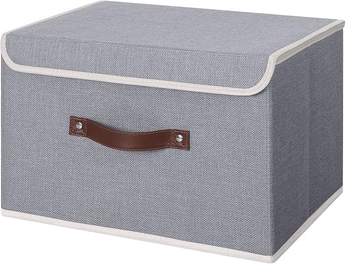 ANMINY Storage Bin with Lid Storage Boxes with PU Leather Handles PP Plastic Board Decorative Foldable Lidded Cotton Linen Fabric Home Cubes Baskets Closet Organizer Container - Gray, Large Size