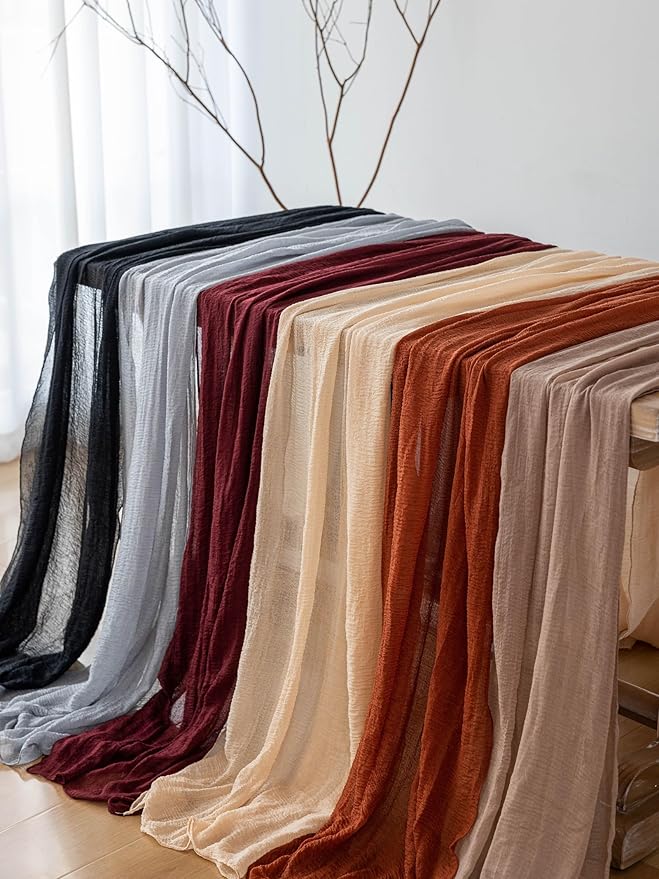 6pcs Burgundy Cheesecloth Table Runner Gauze 120 Inch 10 FT Rustic Boho Cheese Cloth Runner for Wedding Baby Shower Bridal Shower Engagement Birthday Party Long Sheer Home Decorations
