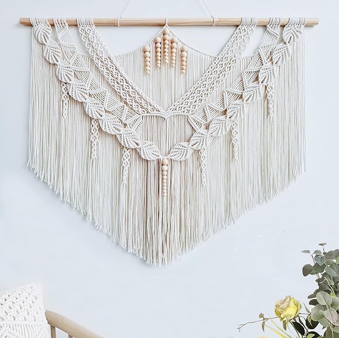 Achart Macrame Wall Hanging Large- Boho Wall Decor- large wall art- Wall Decor Living Room- Macrame Tapestry Boho Decor for Bedroom (Leaf &Wood Bead)