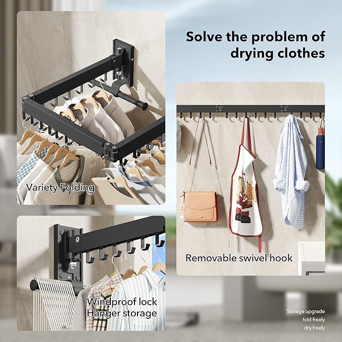 Drying Rack Clothing, Retractable Clothes Drying Rack,Wall Mounted Laundry Rack, Laundry Drying Rack Wall Mount,Collapsible Clothes Rack,can Fold Upward & Left & Right,Black Color