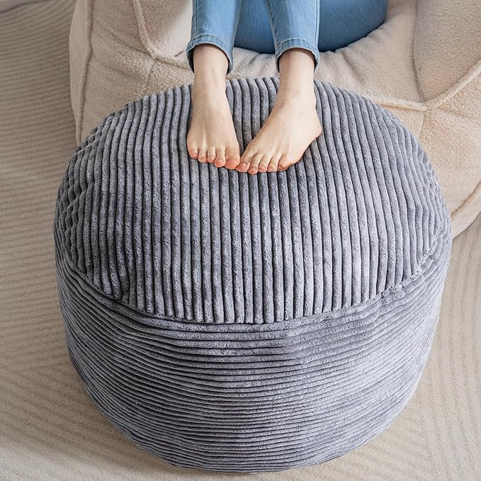HIGOGOGO Round Stuffed Pouf Ottoman, Corduroy Poufs with Foam Chunk Filling, Furry and Fluffy Pouf Foot Stool Storage Ottoman, 26 X 18 Floor Poufs Foot Rest for Living Room, Dark Grey