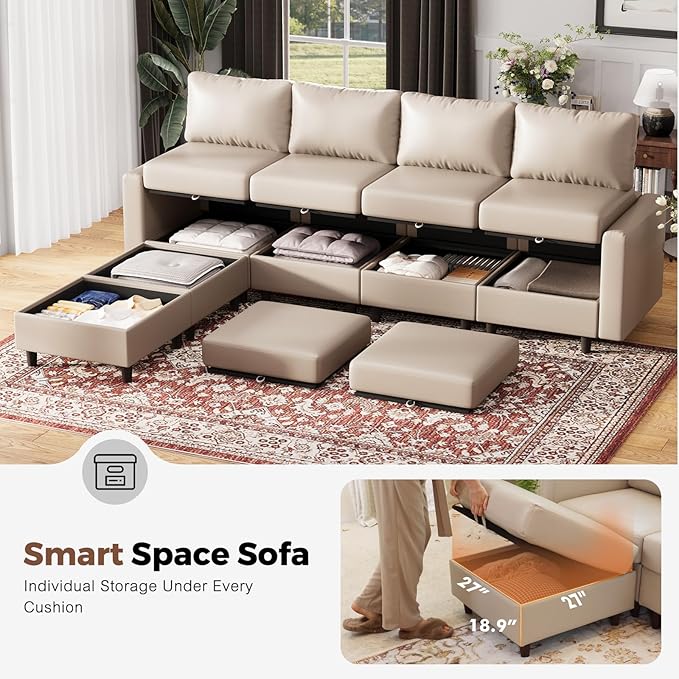 64.6" Faux Leather Loveseat Sleeper Sofa Bed with Storage Seat, Modern Modular Sectional Couch Deep Seat with Reversible Chaise 2-Seat Whitesand for Apartment, Living Room, Bedroom