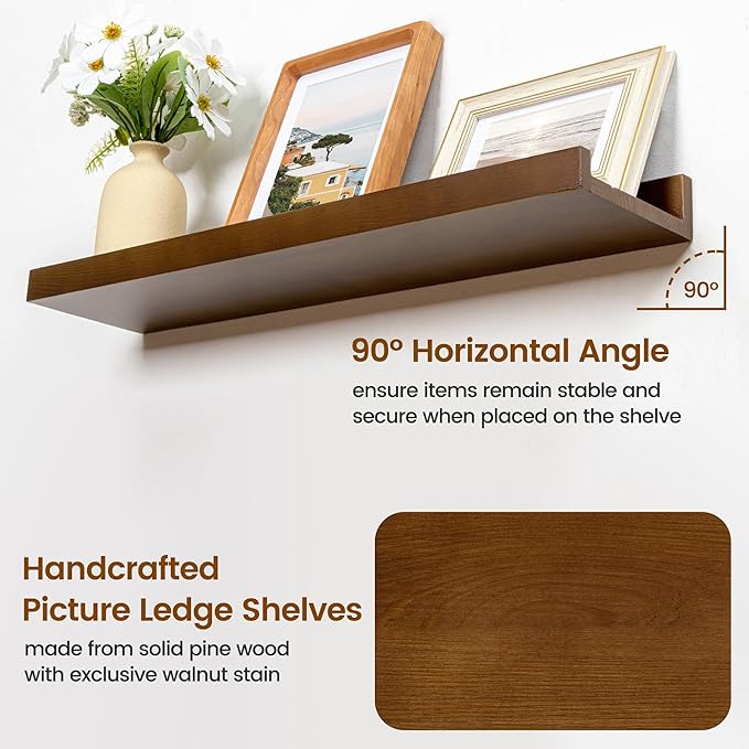 Picture Ledge Wall Shelves 48 Inches Width Set of 3, Solid Pine Wood Rustic Floating Ledge for Kids' Room Bedroom Kitchen Bathroom, Long Floating Shelves for Wall Decor, Walnut