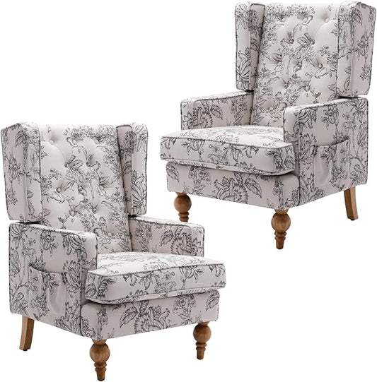 DUOMAY Tufted Accent Chair Set of 2, Modern Linen Upholstered Wingback Side Arm Chair for Living Room Bedroom with Wood Legs, Comfy Reading Guest Chair for Office, Beige Flower Pattern