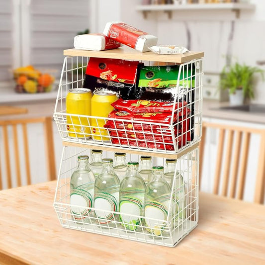 Fruit Basket, 2-Tier Fruit Bowl for Kitchen Counter, Stackable Wall Mounted Fruit Storage, Snack Organizer, Potato and Onion Storage Basket, Hanging Pantry Storage with Wood Lid, 2 Set, White