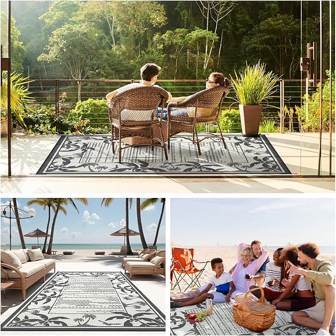 COCOER Outdoor-Rug 6x9 ft Waterproof Reversible Outdoor Plastic Straw Rug RV Indoor Outdoor Carpet Quick Dry Patio Rug Camping Mat for Balcony Backyard Picnic Beach-Grey&Beige