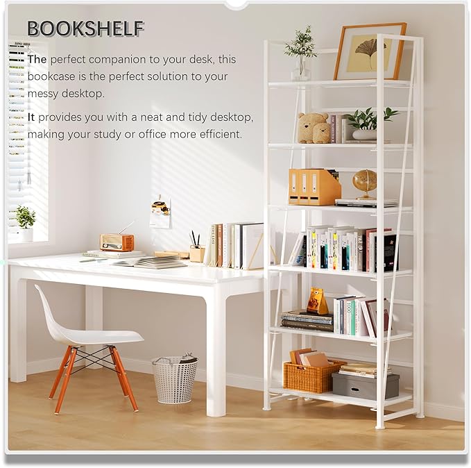 4NM No Assembly Foldable Bookshelf, 6-Shelf Collapsible Bookcase Storage for Small Spaces, 74" H, All White