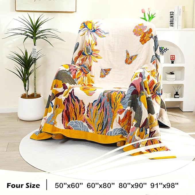 Boho Large Throw Blanket, 100% Organic Cotton Breathable Soft Bed King Throw - Fall Floral Bird Butterfly Farmhouse Decor Blanket for Sofa Couch Chair and Gift. 91" x 98"