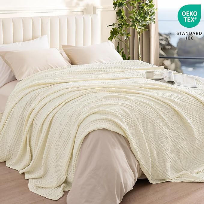 PHF Cooling Waffle Blanket Queen Size, Lightweight 60% Rayon Derived from Bamboo & 40% Cotton Breathable Blanket for Hot Sleepers, Soft and Luxury for Bed Couch and Sofa, 90"x90", Ivory