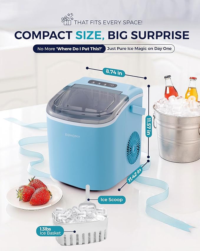 EUHOMY Countertop Ice Maker Machine with Handle, 26lbs Per Day, 9 Ice Cubes Ready in 6 Mins, Auto-Cleaning Portable Ice Maker with Basket and Scoop, for Home/Kitchen/Camping/RV (Blue)