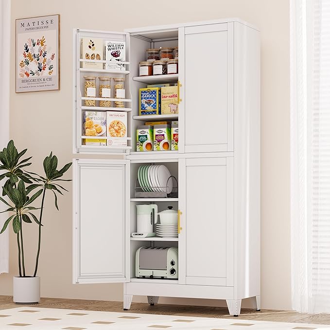75" H Metal Storage Cabinet, Pantry with 6 Door Shelves and 4 Adjustable Shelves, Leveling Foot for Kitchen, Living Room and Dinning Room, White