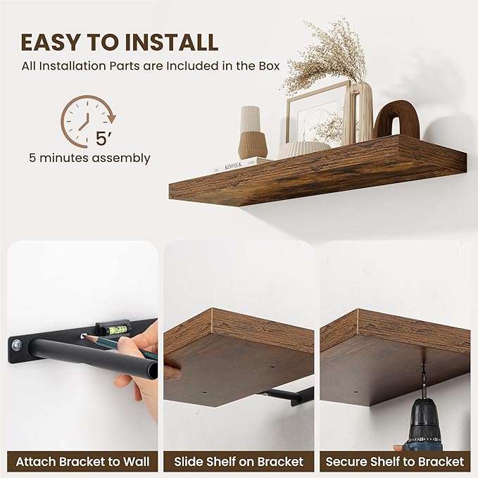 Fun Memories Wood Floating Shelves 16 Inch, 10 Inch Deep Shelves Wall Mount, Wall Shelves with Invisible Bracket, 16" Floating Shelves for Living Room Bathroom Bedroom, Rustic Brown, Set of 2