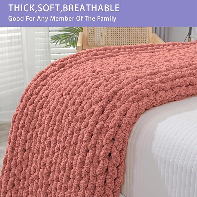 Bigacogo Chunky Knit Throw Blanket for Couch, 40x80 inches, 100% Hand Knitted with Thick Jumbo Chenille Yarn, Cozy Soft Large Rope Knot Cable Crochet Blankets for Sofa Bed Living Room, Antique Red