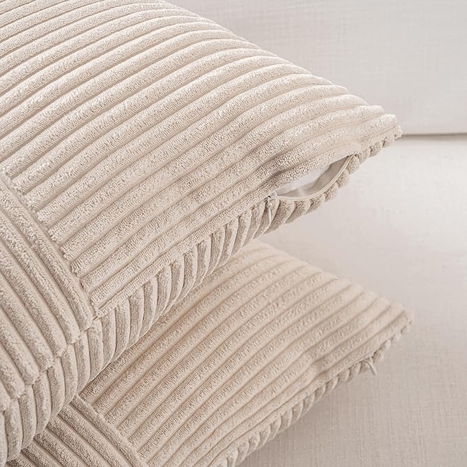 Fancy Homi 2 Packs Tan Lumbar Decorative Throw Pillow Covers 12x20 Inch for Living Room Couch Bed Sofa, Boho Home Decor, Soft Striped Corduroy Rectangle Accent Beige Cushion Case 30x50 cm