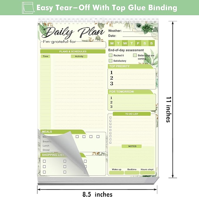 Daily Plan Notepad, 52 Sheets 8.5" X 11.5" Daily for To-Do Lists, Habit Tracking, Academic Scheduling, and Productivity Goals - Perfect for Work, Home, and Office Organization| Tropical Green Floral