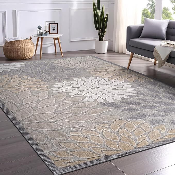 Beverly Rug Outdoor Rug 9x12 Large Modern Floral Tropical Area Rugs for Indoor and Outdoor Patio Easy to Clean Non Shedding Living Room Porch Garden Washable Outside Carpet (9 x 12 Gray)