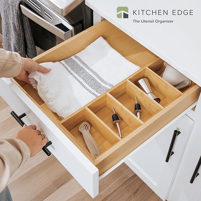 Premium Kitchen Utensils and Junk Drawer Organizer – Small 5-Compartment Design with 4 Removable Dividers, Non-Slip Feet, 100% Sustainable Bamboo