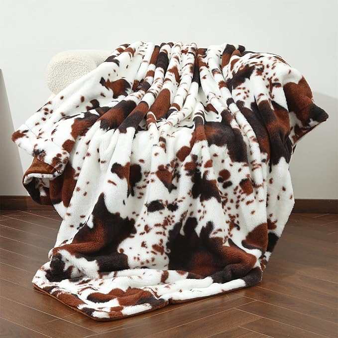 RYNGHIPY Cow Blanket Lightweight Soft Cow Print Sofa Bed Travel Blankets Warm Coffee Cow Throw Blanket for Baby Kids Girls Boys Adults (Coffee, 63''x79'')