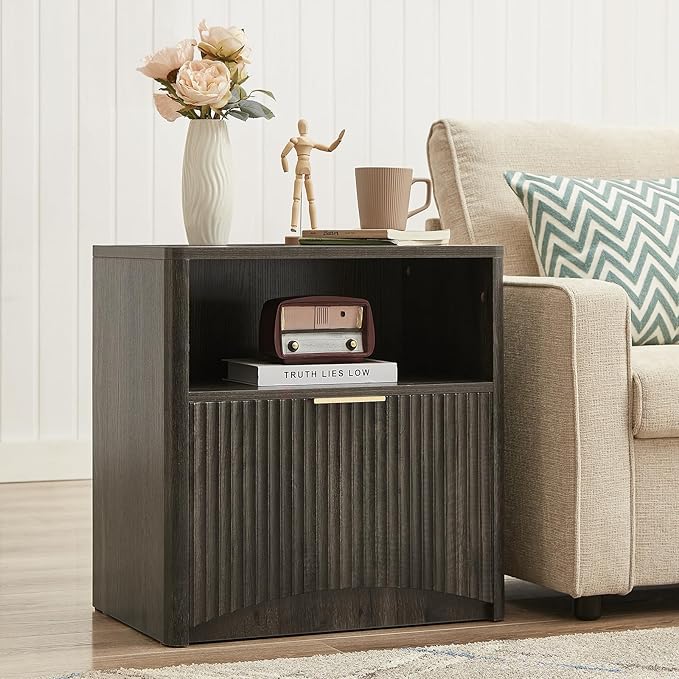 Fluted Nightstand, Dark Grey Bedside Table with Drawer and Storage, Wood End Table Mid Century Modern, Large Night Stand for Bedroom