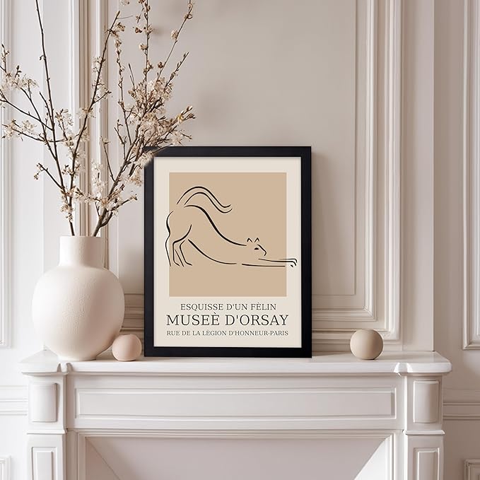 Poster Master Vintage Poster - Retro Minimalist Print - Gift for Artist, Housewarming - Cat, Line Drawing, Sketch, Abstract - Wall Decor for Living Room, Bedroom, 8x10 Black Framed
