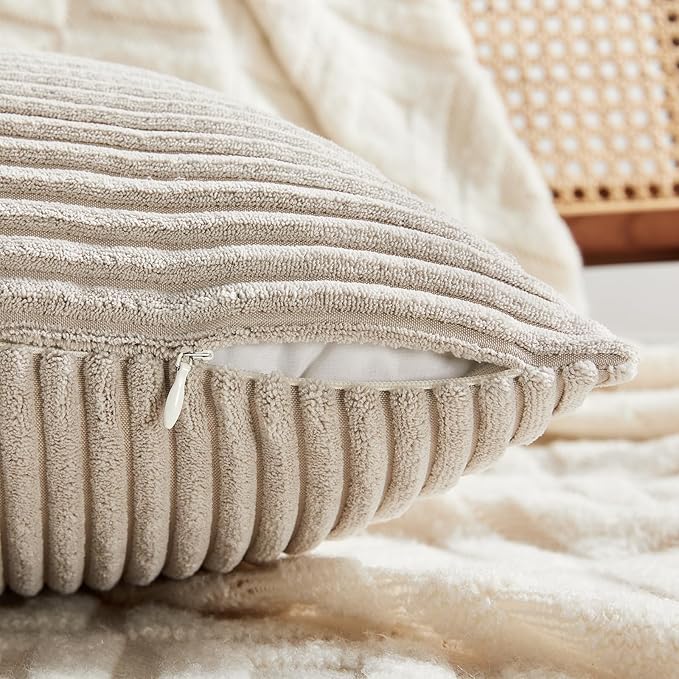 Fancy Homi 2 Packs Neutral Taupe Euro Decorative Throw Pillow Covers 26x26 Inch for Couch Bed Sofa, Rustic Farmhouse Boho Home Decor, Soft Corss Corduroy Patchwork Textured Square Cushion Case 66x66cm