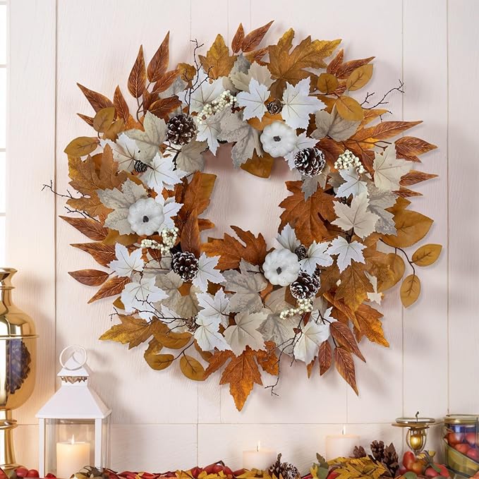 Fall Wreaths for Front Door Outside Autumn Wreath with Lights Berries Pine Cones Fall Decorations for Home Decor Pumpkin Wreath for Farmhouse Holiday Thanksgiving Harvest Halloween Outdoor
