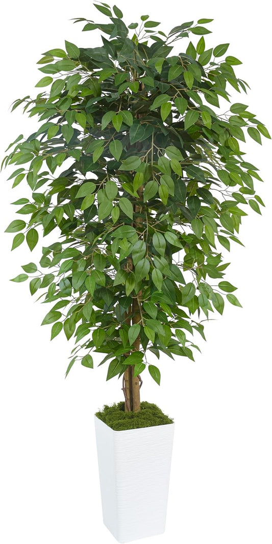 Artificial Ficus Tree 6FT Faux Floor Tree with Planter UV Resistant Potted Fake Silk Plant, Real Wood Trunk-Indoor Outdoor Lifelike Fake Ficus Tree for Home, Living Room Bedroom Topiary Tree