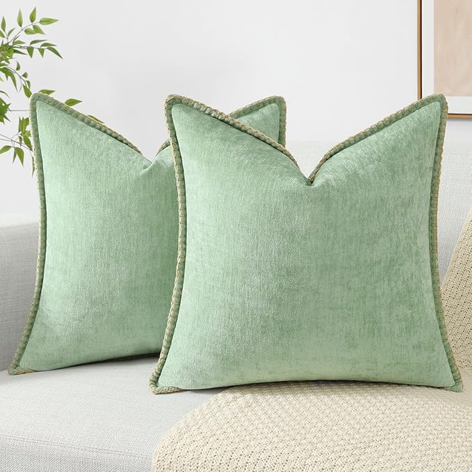 decorUhome Chenille Soft Throw Pillow Covers 20x20 Set of 2, Farmhouse Velvet Neutral Decorative Euro Pillow Covers with Stitched Edge for Couch Sofa Bed Home Decor, Sage Green